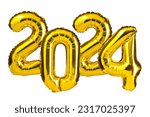 New Year 2024 celebration. Golden Yellow foil color balloons. 2024 balloons. Isolated white background. Party, greeting card, Advertising, Anniversary.