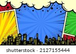 Colorful comic scene background with city silhouette