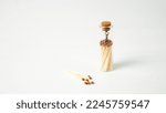Small photo of Small glass jar with matches. Glass matchstick jar. Matches in a beautiful box. Safety matchsticks. Gass jar of matchsticks. Tiny glass box of matches.