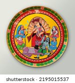 Small photo of Kolkata, 12-26-2020: West Bengal handicraft for sale in a craft fair. Painting of Hindu Goddess Durga slaying demon Mahishasura on earthen pot (known as Kalighat School of painting or Bengal Pot).