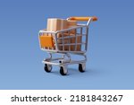 3d Vector Shopping Trolley with Parcel boxes, Shopping Online Concept. Eps 10 Vector.