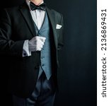 Small photo of Portrait of Butler or Hotel Concierge in Formal Suit and White Gloves Standing at Respectful Attention. Copy Space for Service Industry and Professional Courtesy.