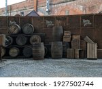 Small photo of Manchester, UK. March 1, 2021. Film set for Peaky Blinders period drama at Castlefield heritage site with barrels and sign for Shelby Haulage Limited