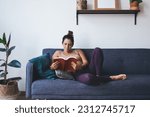 Small photo of Interested young woman holding literature book and relaxing at home, Caucasian hipster girl reading bestseller with thriller plot resting on comfortable sofa in apartment with stylish flat interior