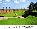 Small photo of Fort Caroline National Memorial, Florida -2021: Fort de la Caroline reconstruction, an attempted French colonial settlement on St. Johns River. Stockade wall. Timucuan Ecological Historic Preserve.
