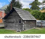 Small photo of Skagway, Alaska -June 1, 2023: Moore Homestead part of Klondike Gold Rush National Historical Park. Capt William Moore settled in Skagway to capitalize on future gold rush. Log cabin oldest building.