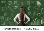 Small photo of Back view of businesswoman with question mark over her head on green background with finance graphs. Confusion. Predicament. Financial and business concept. Economic and statistical graphs.