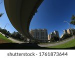 Moscow city in the afternoon rublevskoe highway, overpass bridge, photo on an ultra-wide-angle lens
