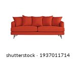 Red fabric sofa on brushed metal legs with pillows isolated on white background. Series of furniture