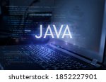 Java inscription against laptop and code background. Learn java programming language, computer courses, training. 