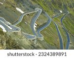 Some of the 48 hairpin turns near the top of the eastern ramp of the Stelvio Pass. Italy