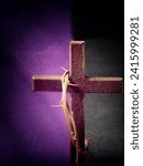Small photo of Lent Season, Holy Week, Good Friday, Easter Sunday Concept. Close up of crown of thorns on wooden cross with black and purple colour background. For copy space.