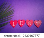 Small photo of Lent Season, Holy Week, Ash Wednesday concepts. Word lent on wooden heart shape and palm leaf in purple background.