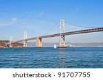 Suspension Oakland Bay Bridge in San Francisco to Yerba Buena Island with downtown