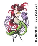 mermaid with long red hair with ... | Shutterstock .eps vector #1801065214