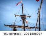 Small photo of Parts of a 16th century Spanish sailing ship: standard, foremast, headsail, topsail, shroud, spar, mainsail, foresail, mizzen, banner