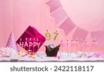 Small photo of Background card date of birth for a girl 97. Anniversary. Beautiful festive background with candles. Women's congratulations card with a cake. Happy birthday in pink. copy space
