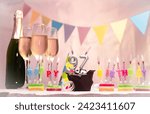 Small photo of Birthday with champagne and glasses. Birthday candle with number 97. Anniversary card with garlands save space. Festive background.