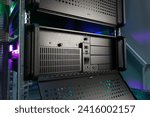 Small photo of Rack Servers and Supercomputers, Modern Telecommunications, Artificial Intelligence, Supercomputer Technology. Powerful supercomputer. Cloud Computing Server Room. Network of servers at a data center.