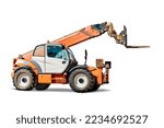 Small photo of Powerful wheel forklift with telescopic mast on a white isolated background. Construction equipment for lifting and moving loads. Forklift