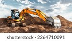 Small photo of A large yellow crawler excavator moving stone or soil in a quarry. Heavy construction hydraulic equipment. excavation. Rental of construction equipment