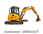 Small photo of Small or mini yellow excavator isolated on white background. Construction equipment for earthworks in cramped conditions. Rental of construction equipment