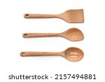 Kitchen Spoon Stirrer, Spatula, Slotted Spoon utensil made of bamboo Wood on white background, top view
