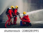 Small photo of Fearless Firefighters Battling Blaze with Water and Extinguishers. Firefighters in Action, Extinguishing Fire with Teamwork and Courage. Intense Firefighting Training Exercise.