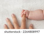 Small photo of Baby's right hand grasping his father's finger (0 years and 2 months, boy, Japanese)