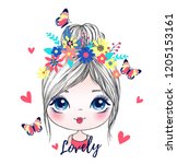 cute girl romantic butterfly... | Shutterstock .eps vector #1205153161
