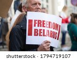 Small photo of Riga, Latvia - August 12 2020: Free Belarus the rally in Solidarity with Belarus. Abhorrent human rights abuses happening there after elections. Embassy of Belarus in Riga. Hundreds of protesters