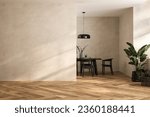 Modern interior design of apartment, dining room with table and chairs, empty living room with beige wall, panorama.