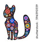 Black silhouette of cat with naive style colorful flowers. Perfect card or any kind of design - stock vector