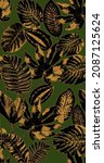 abstract tropical monstera leaf pattern design gold foilage seamless green background