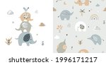 cute elephant card and seamless ... | Shutterstock .eps vector #1996171217