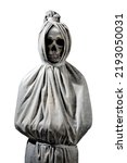 Small photo of Indonesian ghost called pocong, covered with a linen shroud, isolated over white background