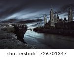 View of dark castle with dark sky at night