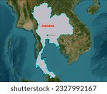 Small photo of Thailand map on a world background. The country is an ASEAN member, is known for its entertainment industry. It is a tropical nation with year round sunshine. It is well known for exporting rice
