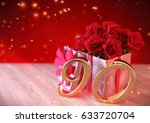 Small photo of birthday concept with red roses in gift on wooden desk. ninetieth. 90th.