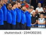 Small photo of Basket-ball Match Italy vs China in Trento, Italy on August 5, 2023. Trentino Basket Cup Tournament; Basket Final Match Italy vs China. Italy's staff with Gianmarco Pozzecco