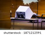 Voting machine after hours, voting booth, civic duty, civic engagement, democracy, voting machine in a polling place, election 2022