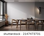 Home interior, modern dark dining room interior, gray empty wall mock up, 3d render