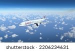 Small photo of Boeing 777 Qatar Airways flying over the blue Sky, 20 Sep, 2022, Doha, Qatar