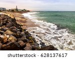 Waves and the coastline of Swakopmund German colonial town, Namibia