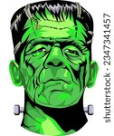Scary Halloween Undead Green Frankenstein Head Cartoon Vinyl Stickerr.Vector illustration
