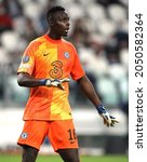 Small photo of TURIN, ITALY - SEPTEMBER 29, 2021: Edouard Mendy gestures during the UEFA Champions League 2021-2022 JUVENTUS v CHELSEA at Allianz Stadium.