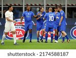 Small photo of MILAN, ITALY - MAY 23, 2022: Filippo Inzaghi celebrates his goal with Kluivert, Sneijder, Dybala and Totti during the Charity Football Match - Integration Heroes Match at San Siro Stadium.