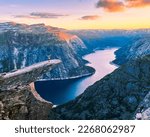 Sunset in famous trolltunga, Norway.