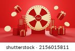 Roulette Event  3d red fortune spinning wheel for online promotion events. Concept of winning the biggest discount as jackpot prize.