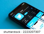 Small photo of Twitter app on smartphone screen. popular social network Twitter application user download update for Apple iPhone. Twitter company blue bird logo. Twitter new updates. 11.01.2022 Kyiv Ukraine